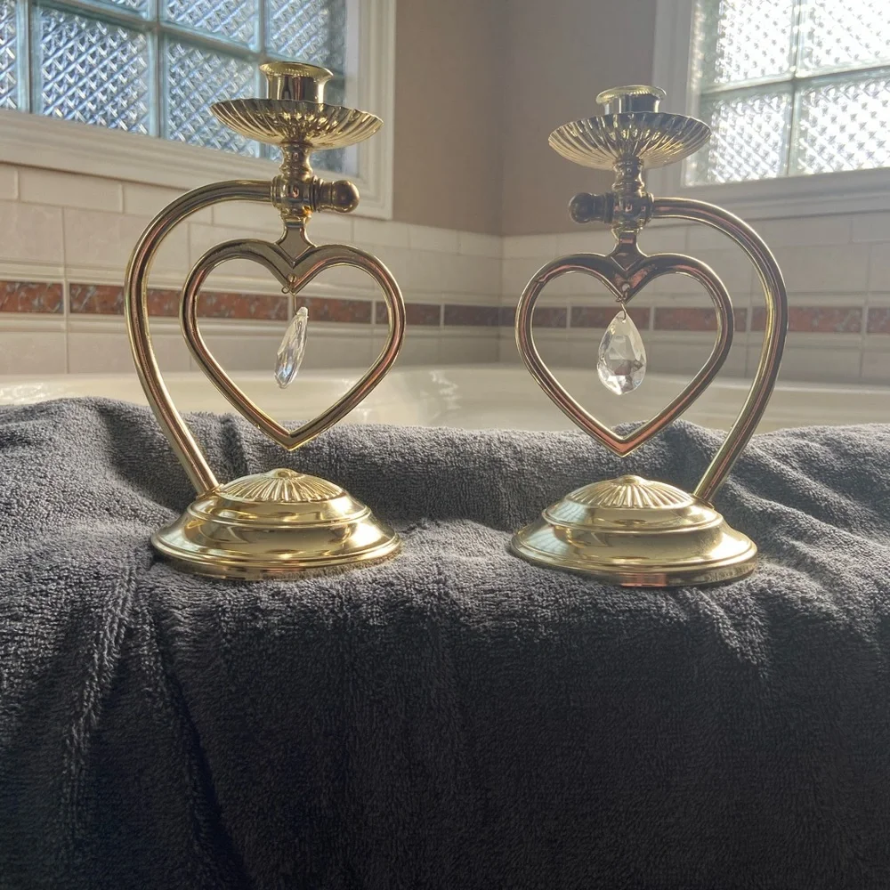 Home Interiors Gold Heart Candle Holders with Crystal Drops